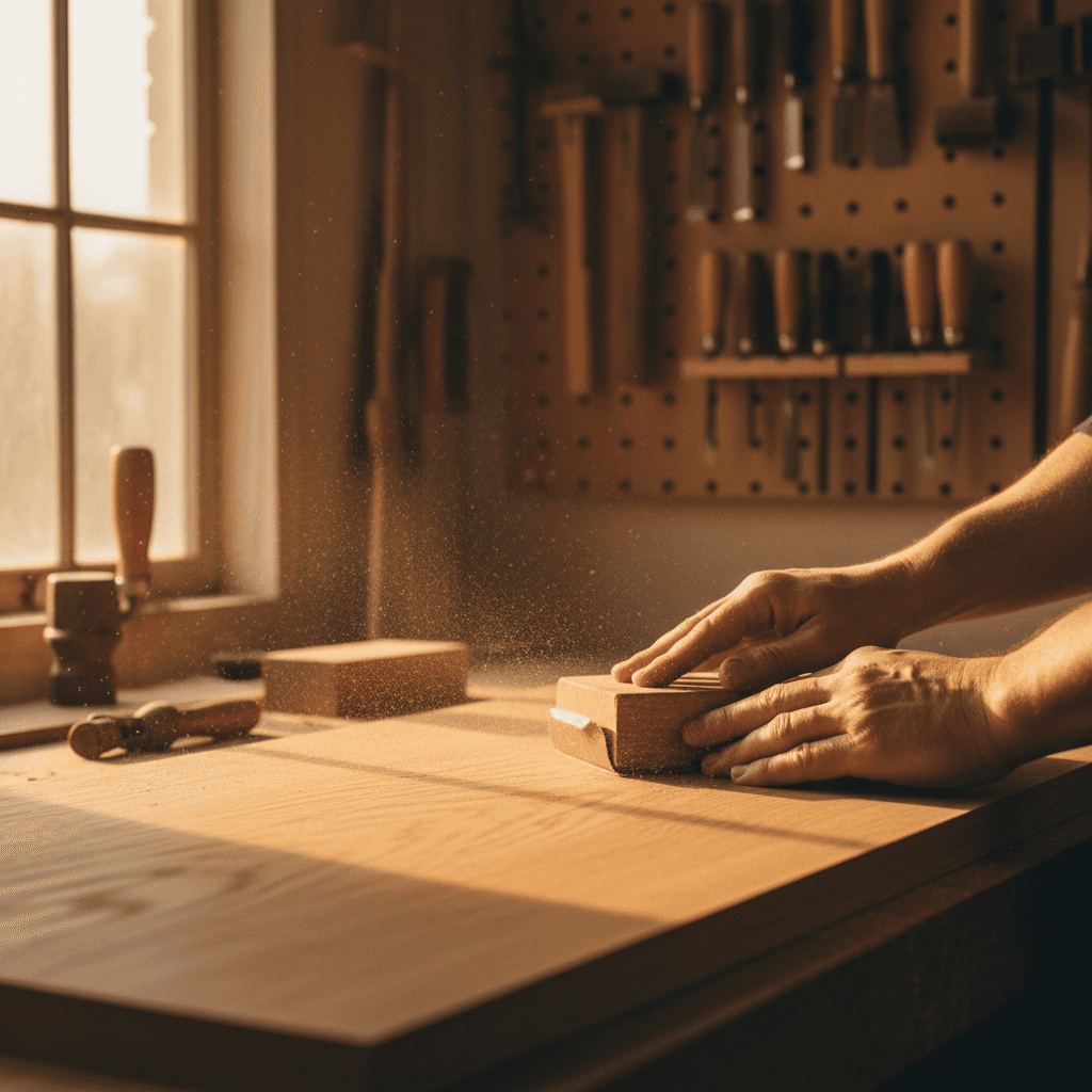 Artisan ponçant une planche de chêne dans son atelier