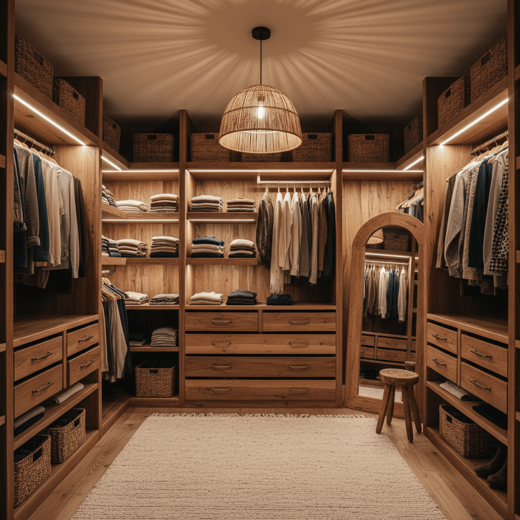 Dressing sur mesure avec étagères et tiroirs en bois