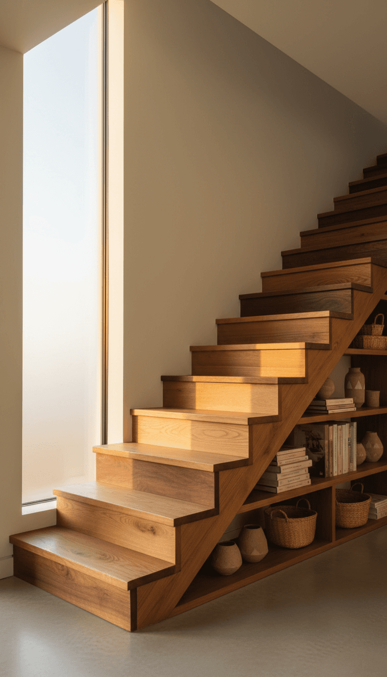 Escalier et bibliothèque en bois sur mesure dans un intérieur lumineux