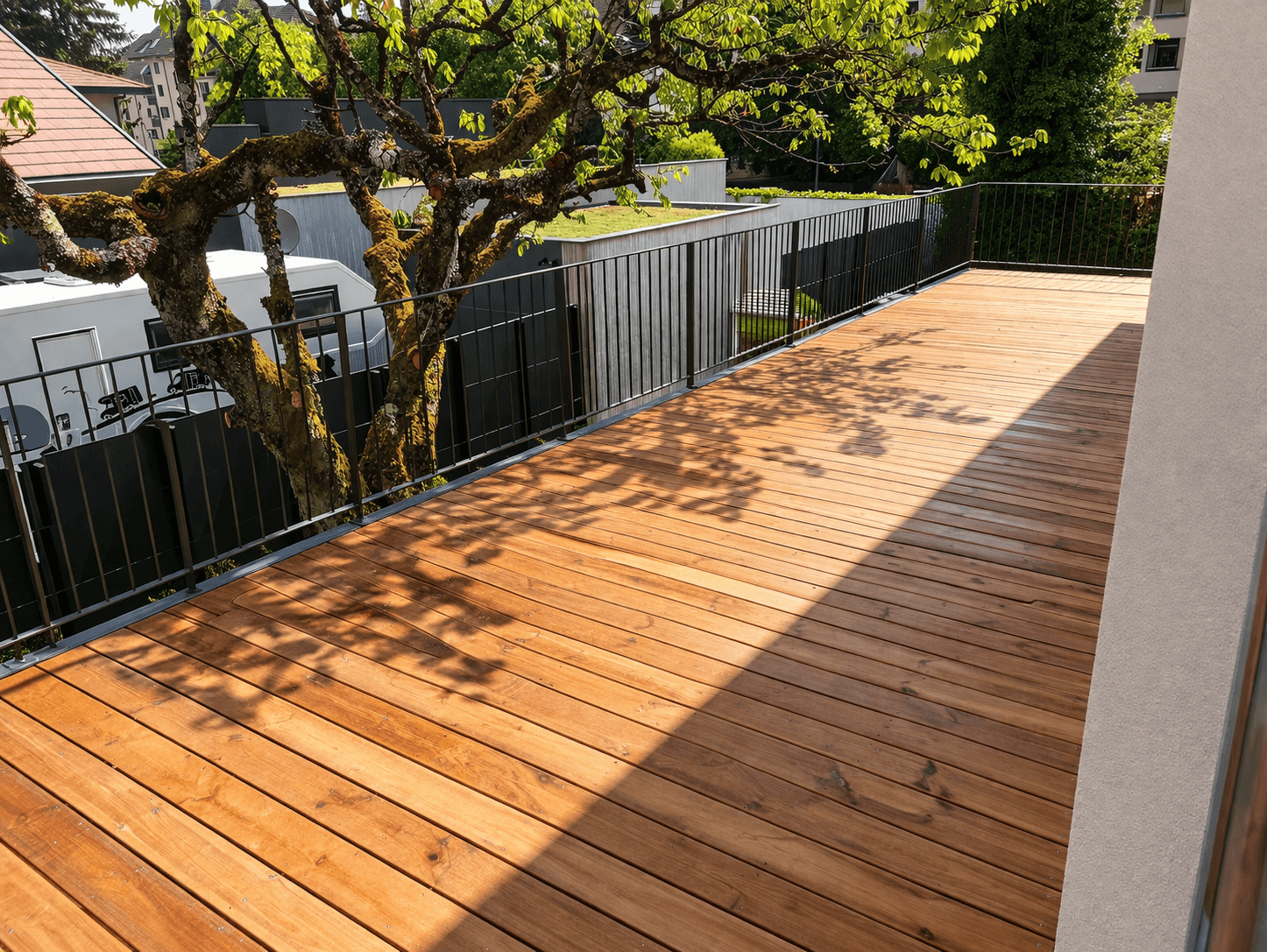 Terrasse en bois ensoleillée avec garde-corps noir et ombres d'un grand arbre feuillu.