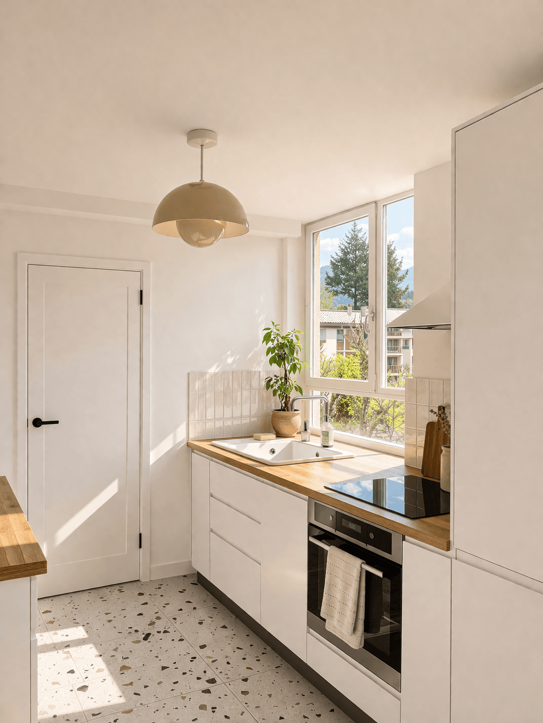 Cuisine moderne blanche, plan de travail en bois, sol terrazzo et fenêtre sur jardin.