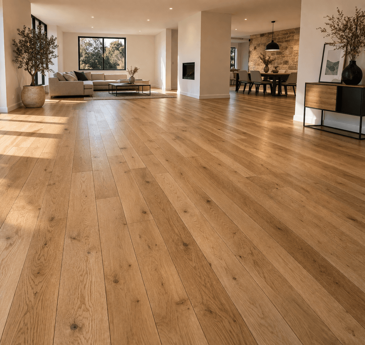 Salon moderne spacieux avec parquet en chêne clair, mobilier minimaliste et lumière naturelle éclatante.