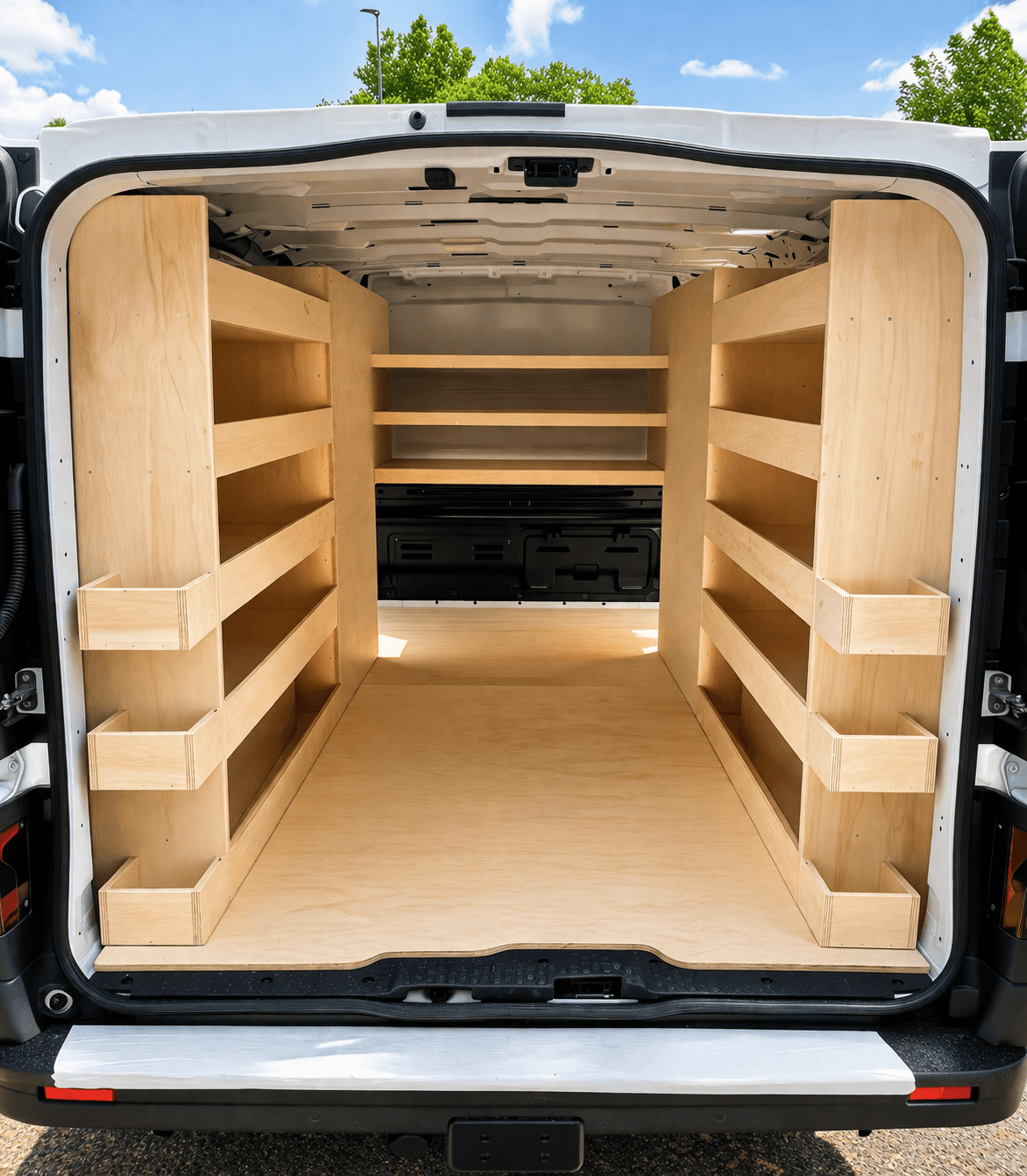 Intérieur d'un véhicule utilitaire blanc équipé d'étagères de rangement en bois clair sur mesure.